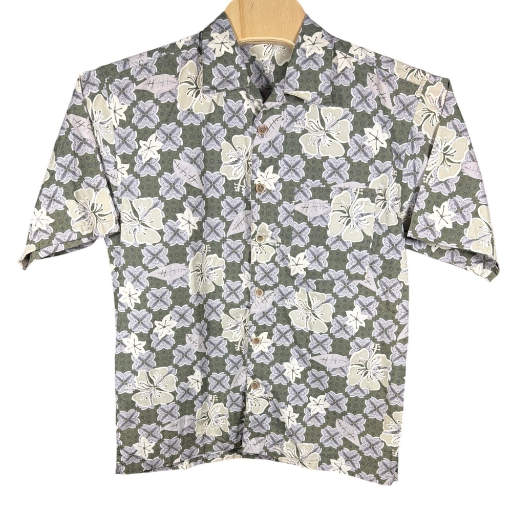 Ocean Pacific Mens Large Green Floral Hibiscus Cotton Button Up Hawaiian Shirt